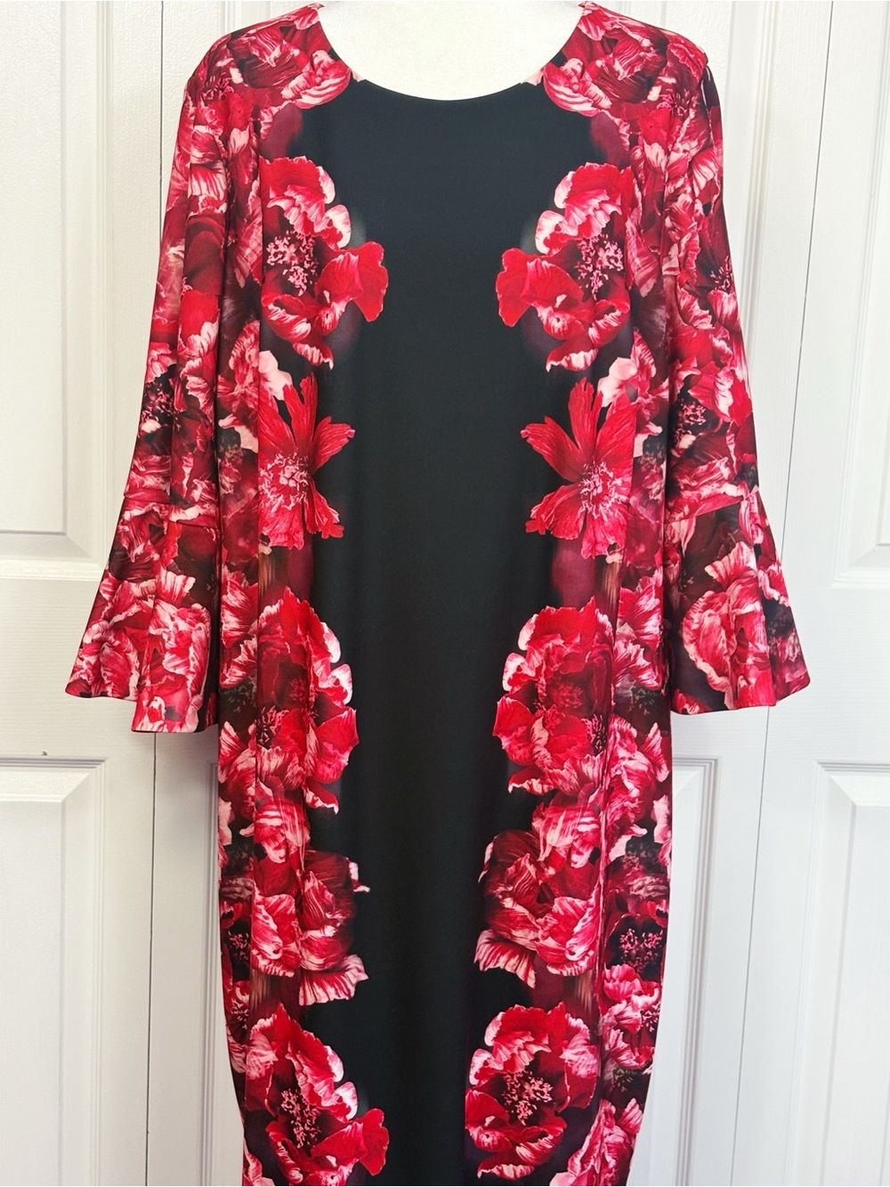 Calvin Klein Black & Pink Multi Floral Flare Bell Sleeve Sheath Dress 18W